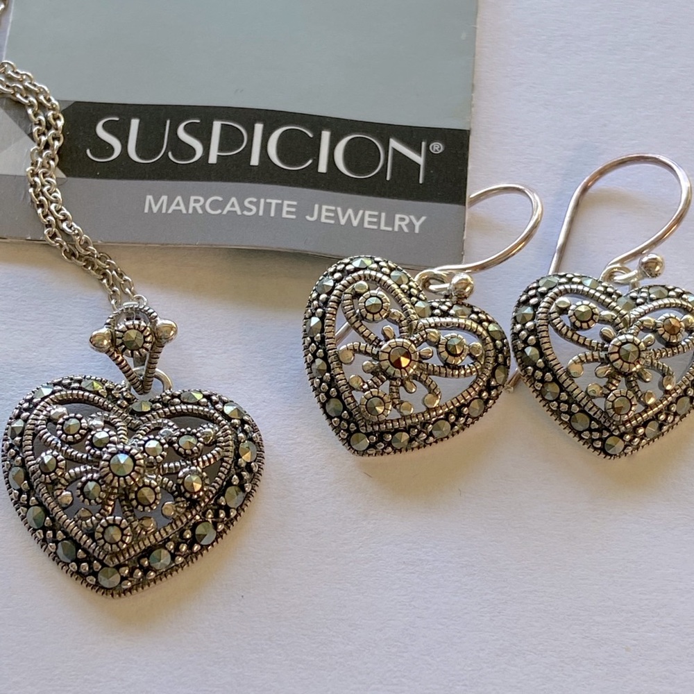 QVC Suspicion Marcasite Heart Necklace & Earrings New W/O Tag, but Silver Pouch